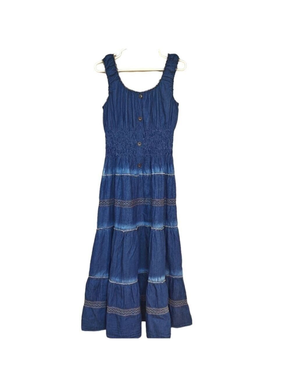 New-anthropologie Lapis Tiered, Bohemian, Chambray, Smocked, Prairie Maxi Dress